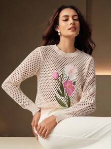 Anewsta French Elegant Dignified Ornate Floral Embroidery Hollow Out Crew Neck Sweater, Autumn/Winter Knit Pullover Fall - White - View 6