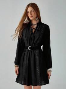 Chiquease Bohemian Romantic Lace Patchwork Dress For Women Black Dress Casual Black Dress Collared Dress Lace Dress Women Dress Fall Cloth For Women - Black - View 4