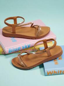 Mini mi 女童水钻系带露趾栗色凉鞋 - 时尚、闪亮、舒适的公主凉鞋 - 棕色 - 查看 6