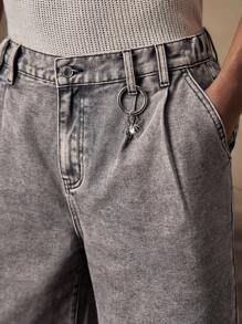 AKNOTIC Men's Grey Casual Loose Denim Shorts,Summer Streetwear City Break Metal Decor Elastic Waist Solid Color Shorts For Daily Wear,Holiday,Beachwear - Grey - View 1