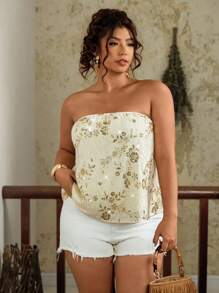 SHEIN VCAY 大码女式夏季亮片花朵刺绣抹胸上衣 - 杏色 - 查看 7