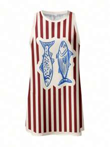 SHEIN EZwear 女士休闲简约度假复古条纹鱼印花短裙，适合夏季