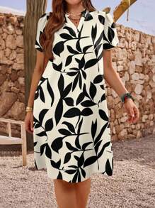 EMERY ROSE Plus Size Women's Black And White Contrasting Branches And Leaves Floral Pattern Short Sleeve Summer Casual Holiday Dress, Gift For Mother, Summer Vacation, Women's Holiday Clothing, Simple And Fashionable, Suitable For Daily Wear, Holiday Atmosphere, Spring Break, Casual Wear SS, Bohemian, Women's Sundress, Sundress Suitable For Going Out,Teacher Outfits For Women Chic Dress