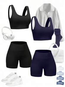 Slayform 2 件套女式纯色罗纹背心和短裤无缝运动套装女士健身套装 - 彩色 - 查看 2