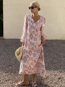 Livesso Print Straight Loose Beach Dress For Women,Fall Dress Long Sleeve Dress Vacation Outfits Women - Purple - View 1