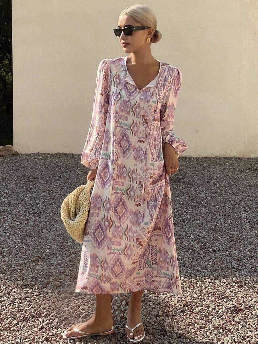 Livesso Print Straight Loose Beach Dress For Women,Fall Dress Long Sleeve Dress Vacation Outfits Women - Purple - View 1