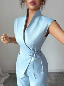 Rafferiza Franclia Women Fashion Lapel Ribbon Tie Waist Vest & Straight Leg Pants Suit Set Teacher Outfits Casual Outfits Spring - Blue - View 6