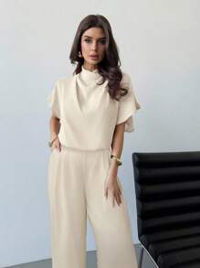 Firerie Bộ 2 món quần ống rộng dáng đứng thoải mái, thích hợp mặc thường ngày, đi làm và đi nghỉ, thanh lịch tối giản, cổ bèo nhún màu xanh lam, đa năng, mùa hè - Hồng - Xem 1