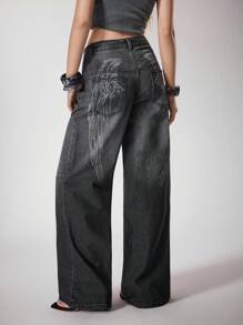 Y2Kool Ekonfriends Black Gray Washed Angel Wings Punk Dark Street Style Women Loose Straight Low Waist Jeans Suitable For Casual Party Music Festival Jeans Wide Leg Goth Pants Wing Jeans Wide Leg Jeans Graphic Y2k Jeans SXY 2000s Fall Winter Club Outfits Women Sexy Baggy Jeans Jeans With Wings Print Baggy Jeans Women Low Rise Jeans Going Out Autumn Matching Idea New Year Outfits Stylish Clothing Collection