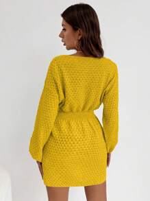 SHEIN LUNE Vestido casual de punto de cuello redondo, hombros caídos, manga larga y cintura ajustada de unicolor para mujer - Amarillo - Ver 2