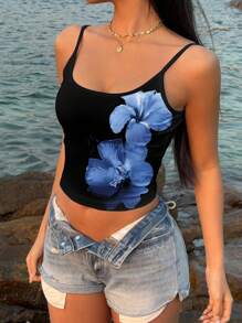 SHEIN EZwear Vintage Style Vacation Blue Floral Print Sexy Spaghetti Strap Women Tank Top, Suitable For Summer Flower Tank Top Suitable For Going Out - Multicolor - View 3