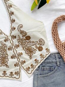 Soleia 波西米亚风格女式无袖工字背短款上衣，带花卉刺绣，系带露背设计，适合音乐节 - 彩色 - 查看 3