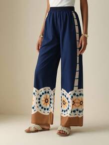Lyxana Women Elastic Waist Placed Floral Wide Leg Pants Fall Cloth For Women - Multicolor - View 6