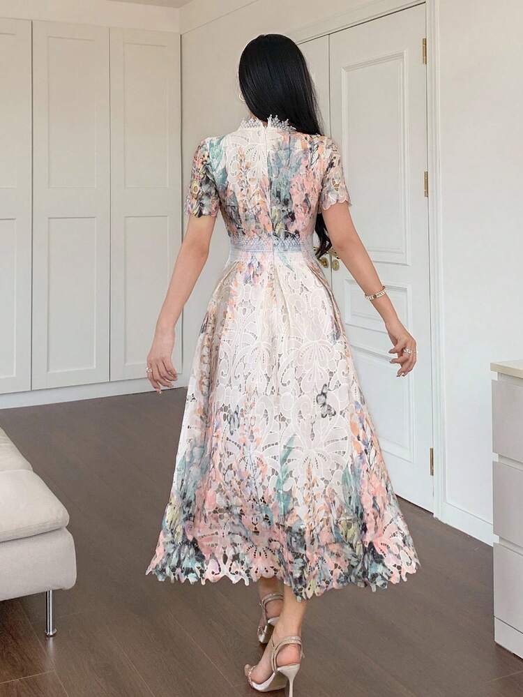 Women Floral Lace Round Neck Short Sleeve Elegant Mid-Length Dress Summer Women Dresses Sundress