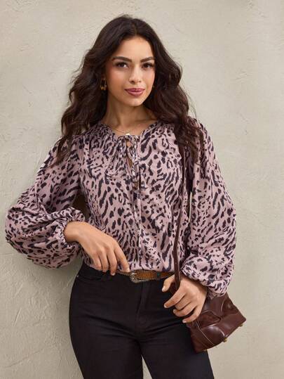 Wildy Camisa de manga larga con estampado de leopardo de estilo casual estadounidense, diseño sencillo adecuado para maestros y trabajo de oficina