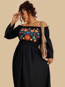 SHEIN VCAY Plus Size Women Floral Print Off-Shoulder Long Sleeve Flare Sleeve Front Split Maxi Dress, Casual/Resort - Black - View 6