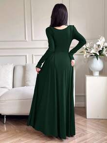 Feyla Đầm xòe xếp ly cổ chữ V tay dài thanh lịch cho nữ - Màu xanh lá cây đậm - Xem 7