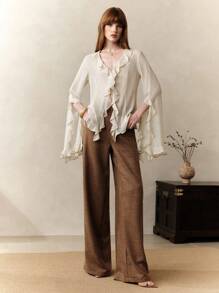 Chiquease 女士波西米亚风雪纺轻盈荷叶边不对称法式浪漫宽松长袖衬衫，白色上衣，夏季上衣，女士衬衫，女士夏季，飘逸上衣，职业女性，复古风格，女士夏季，可爱夏季上衣，女士外出上衣，女士办公室，飘逸上衣，秋季 - 杏色 - 查看 5