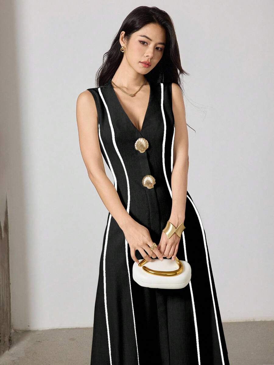 Heiryn Robe élégante à empiècement contrastant sans manches pour femme