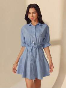 Almamuse 女士休闲条纹纹理短衬衫裙 - 藍白色 - 查看 5