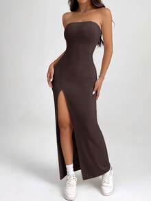 SHEIN PETITE Women Solid Color Strapless Split Thigh Bodycon Dress Brown Strapless Dress High Slit Maxi Dress - Brown - View 1