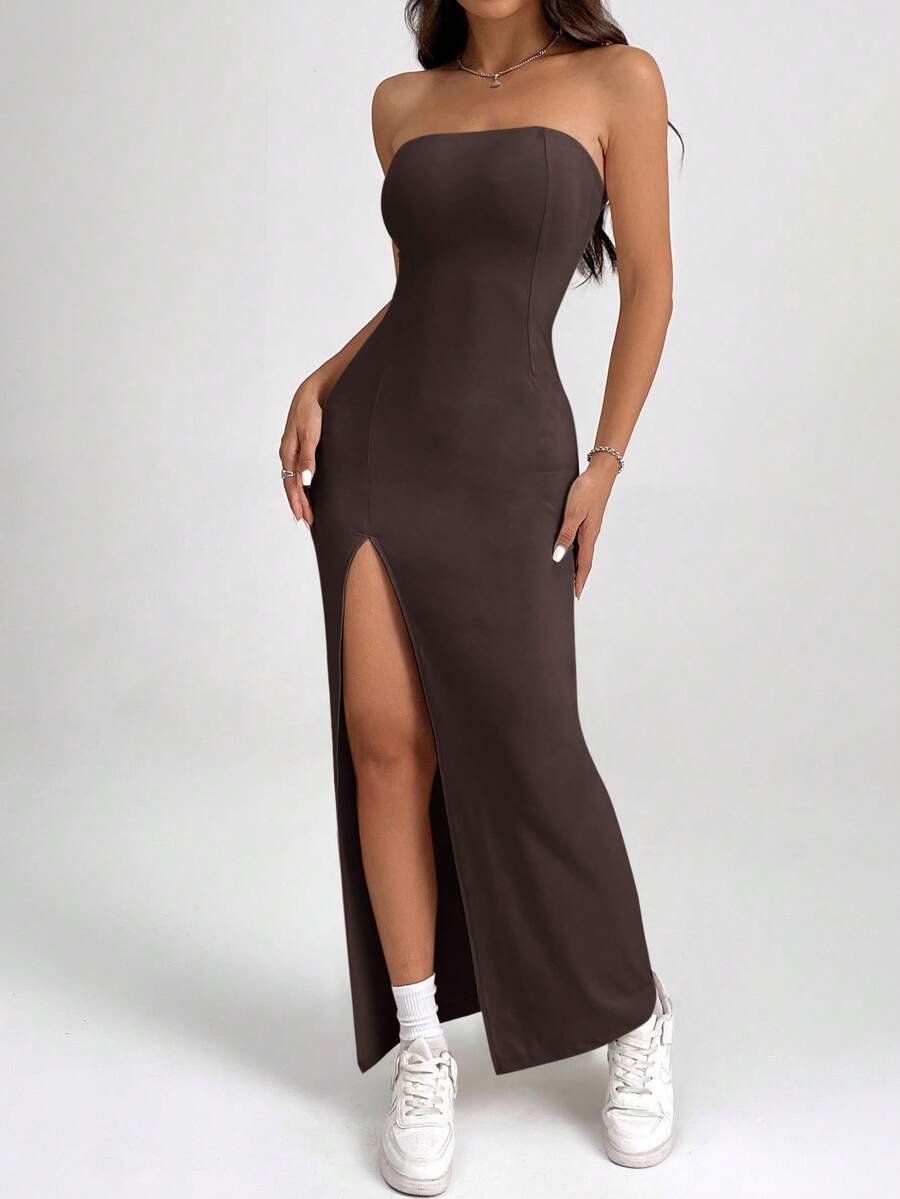 SHEIN PETITE Women Solid Color Strapless Split Thigh Bodycon Dress Brown Strapless Dress High Slit Maxi Dress - Brown - View 1