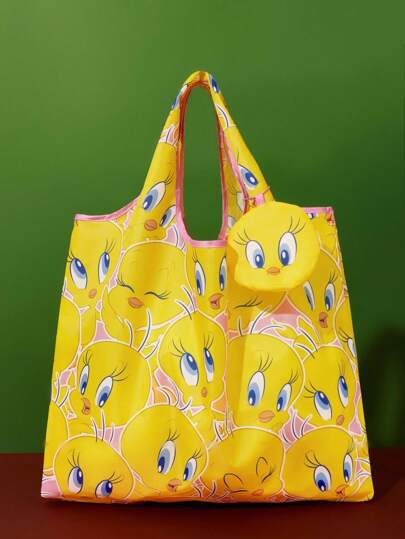 LOONEY TUNES X SHEIN 1 件卡通图案印花涤纶可折叠购物袋、沙滩包、手提袋，带可拆卸链条袋、时尚、崔弟