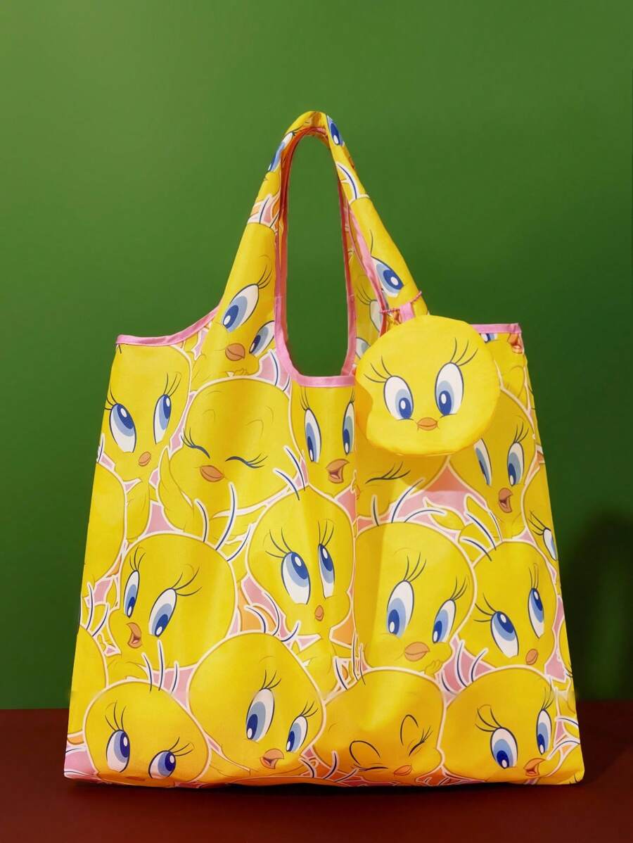 LOONEY TUNES X SHEIN 1 件卡通图案印花涤纶可折叠购物袋、沙滩包、手提袋，带可拆卸链条袋、时尚、崔弟 - 黃色 - 查看 1