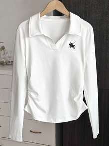 SHEIN 女款骑士图案 Polo 领修身白色长袖 T 恤秋季女装 - 白色 - 查看 4