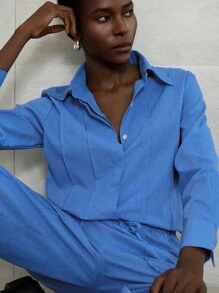 Aveloria Modichic 两件套：复古风高腰褶饰亚麻休闲裤 - 藍色 - 查看 2