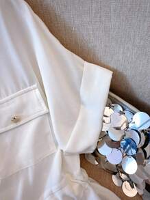 Franclia Áo sơ mi nữ cổ chữ V màu trơn có dây rút khóa kéo, mùa hè - trắng - Xem 7