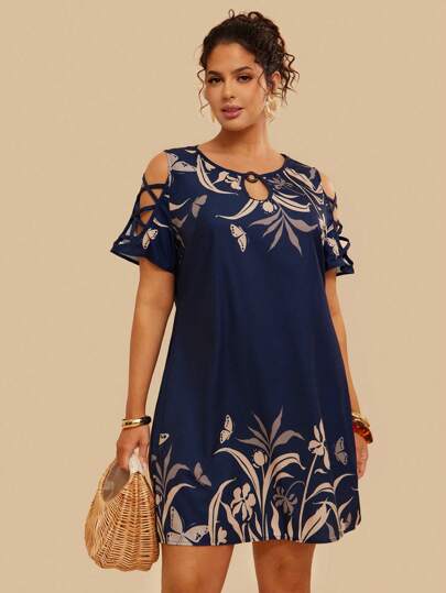 Travachic 大码节日休闲植物印花镂空短袖连衣裙