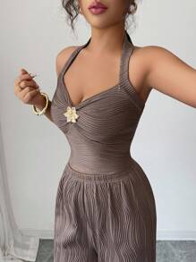 Selianne Bộ 2 món áo crop top dây mảnh họa tiết hoa phong cách Y2K mới + quần ống đứng, vừa vặn, hoàn hảo cho Ngày Độc lập và phong cách Stockholm, màu nâu - màu nâu - Xem 8