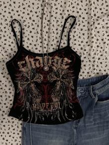 Attitoon 3pcs/Set Women Plus Size Punk Cross & Wing Print Camisole And Tank Top, Suitable For Summer Halloween,Fall Clothes For Women Punk Crop Tops Gothic Crop Tops - Black - View 4