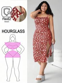 Solflare 大码女装、沙滩装、波西米亚风、春装、节日派对加大连衣裙、夏威夷女装、休闲女装、细肩带印花开衩下摆休闲连衣裙 - 紅色 - 查看 1