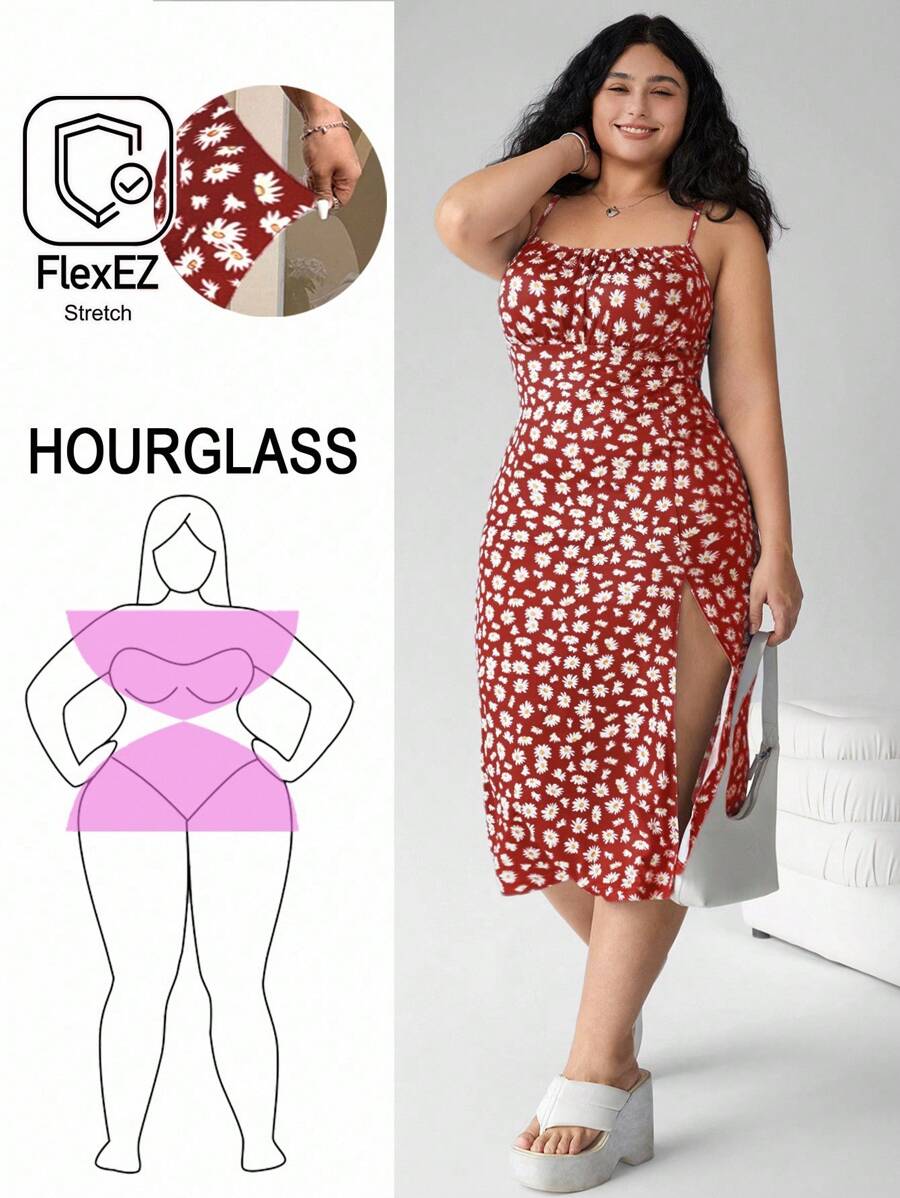 Solflare 大码女装、沙滩装、波西米亚风、春装、节日派对加大连衣裙、夏威夷女装、休闲女装、细肩带印花开衩下摆休闲连衣裙 - 紅色 - 查看 1