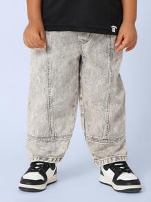 SUMWON 儿童宽松筒形牛仔裤 舒适棉质牛仔裤 休闲日常休闲装 松紧腰带 四季皆宜的下装 百搭街头风格 - 灰色 - 查看 3