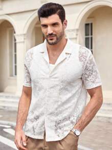 Manfinity VCAY 男士刺绣针织衬衫，适合度假 - 杏色 - 查看 5