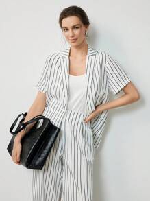 Uhlyne Fall Women Clothes 2pcs Women's Elevated Basic Fashion Set - Stylish Design Slim Fit Solid Color Casual/Work Outfit Striped Set Women Suit Set Striped Two Pieces Set Striped Pantsuit - Black and White - View 6