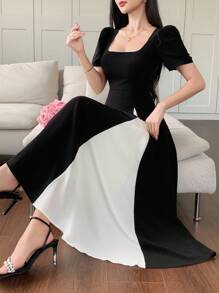 DAZY Women Elegant Commuter Color Block Patchwork Dress - Black and White - View 7