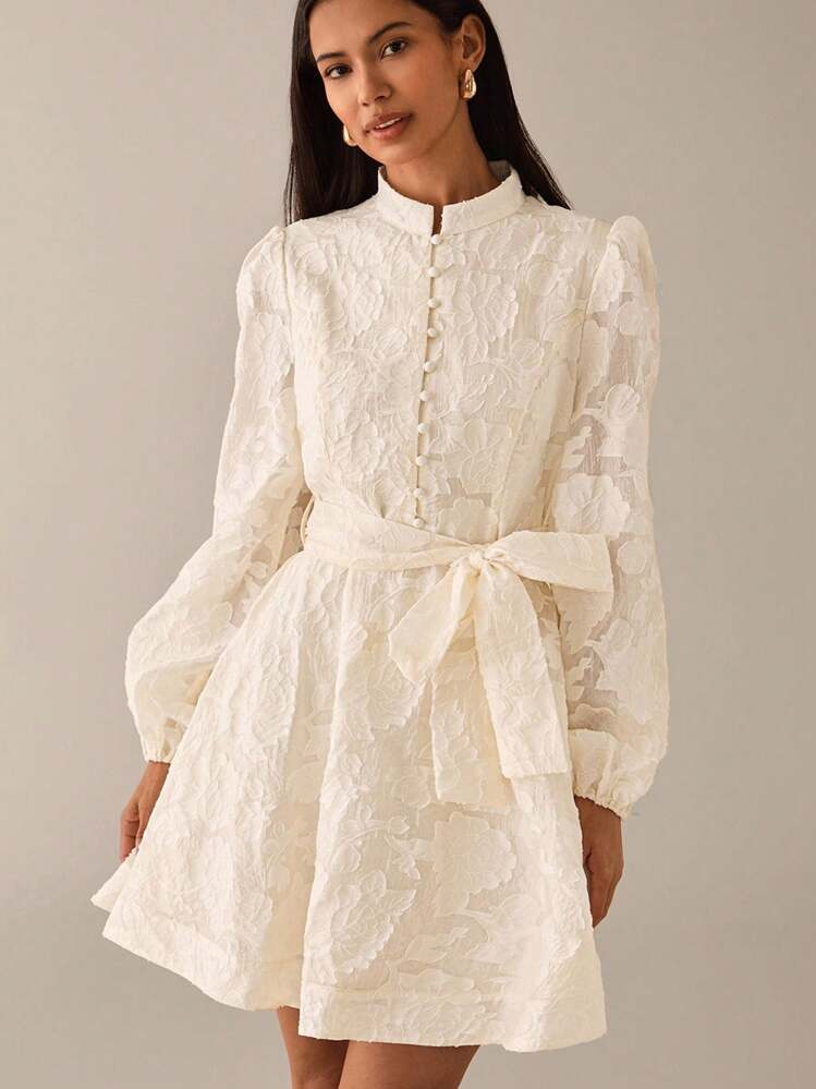 Lilora Elegant Sweet Jacquard Texture Premium Quality Stand Collar Cinched Waist Big A-Line Front Button Puff Lantern Sleeve Short Women's Dress, Spring/Summer Creme Dress Victorian Vintage Style Dress French Style Dress Ivory Dress Urban Style - Beige - View 4