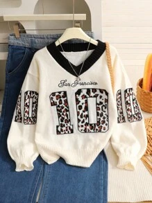 SHEIN Suéter holgado de manga larga, cuello en V, estilo callejero informal para niña preadolescente, con estampado de leopardo y logo de LA - Albaricoque - Ver 1
