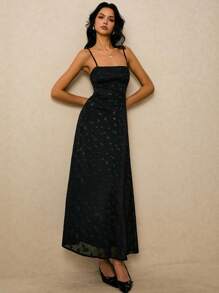 Vestido midi elegante sin mangas con cintura drapeada y estampado floral jacquard para mujeres en verano - Negro - Ver 2