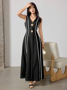 Heiryn Robe élégante à empiècement contrastant sans manches pour femme