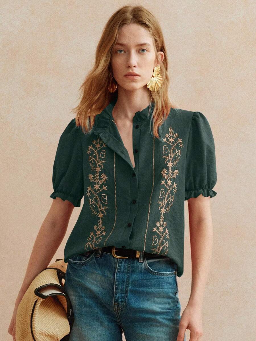 Écloséra 时尚优雅日常百搭荷叶边短袖风琴边刺绣红色女式春夏衬衫 - 墨綠色 - 查看 1