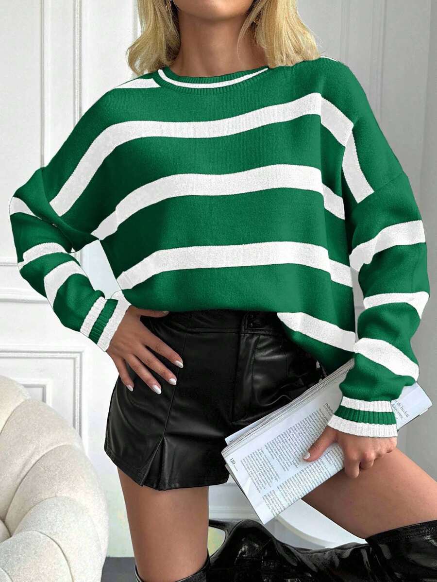 EURMUSE Casual Loose Striped Versatile Daily Long Sleeve Pullover Sweater For Women,Jumper,Cream Jumper,Jumpers,Black Jumper,Womens Jumper,White Jumper,Women's Jumper,Women's Jumpers,Winter Clothes - Green - View 1