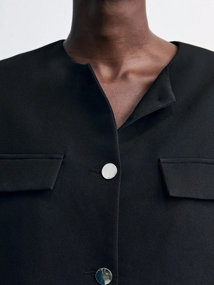 SHEIN Maija Black Round Neck Pocket Decor Boxy Short Sleeve Jacket, Minimalist Urban Style Business Casual Outerwear For Women, Suitable For Teachers,Fall Women Clothes,Halloween