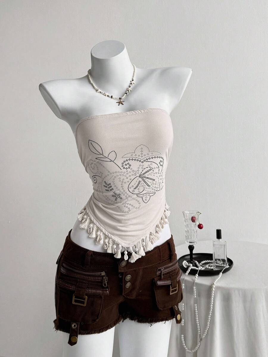 Elamini 女士休闲时尚流苏装饰修身抹胸 - 杏色 - 查看 1