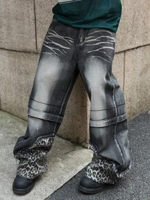 PAVTROS Quần jean denim đen họa tiết da báo vá víu thời trang xuân/hè cho nam, ống rộng rộng, gấu thô, họa tiết da báo, quần jean bụi bặm, phong cách Emo - màu đen - Xem 6