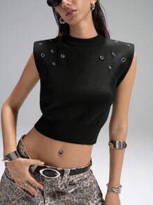 LYSMO Decorazione in metallo nero minimalista, spalle larghe, colletto alto piccolo, stile old money, abbigliamento da ufficio per donna, comodo e casual, versatile per pendolarismo e campus - nero - Visualizzare 2